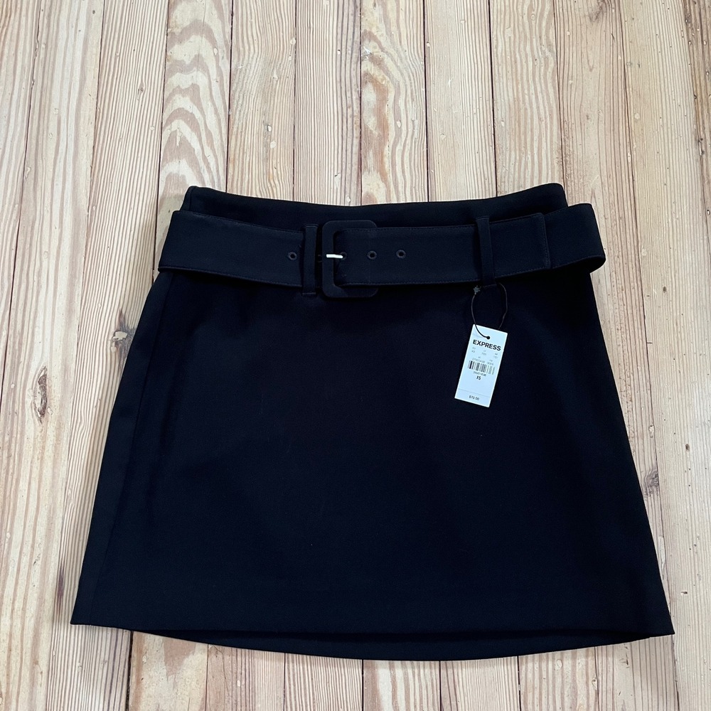 Express Black Belted Mini Skirt NWT Size XS Career Office Professional A-Line